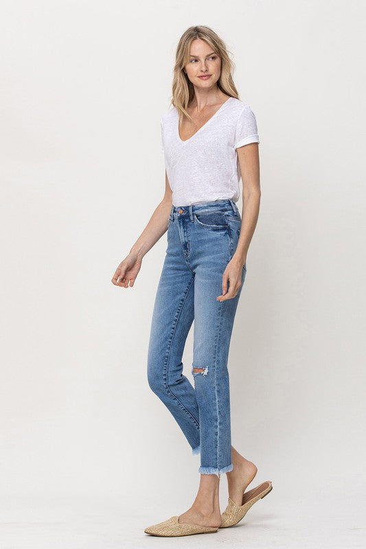 Knee Slit Frey Hem Crop Straight Jeans