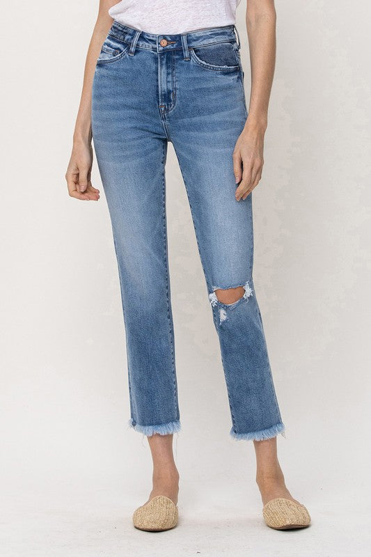 Knee Slit Frey Hem Crop Straight Jeans