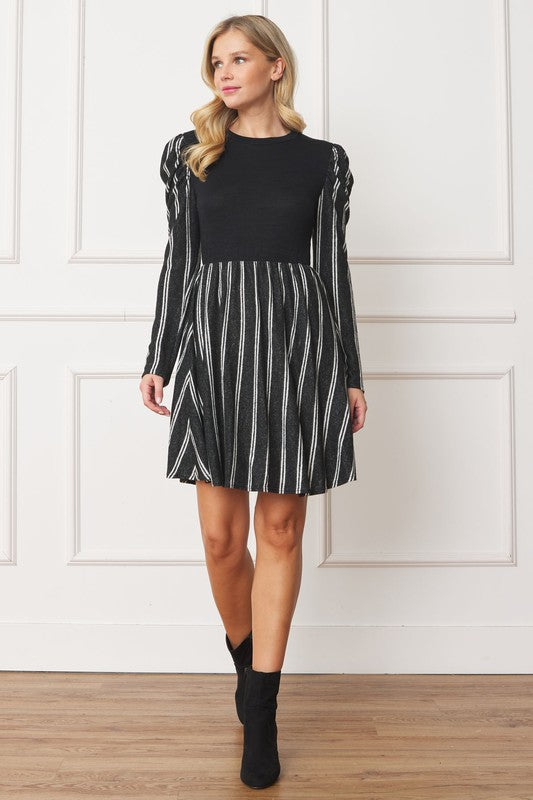 Pinstripe Puff Shoulder Flare Dress