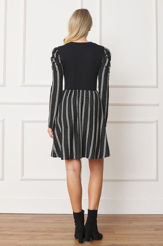 Pinstripe Puff Shoulder Flare Dress