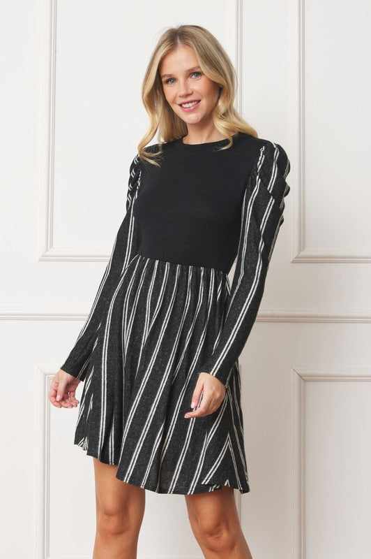 Pinstripe Puff Shoulder Flare Dress