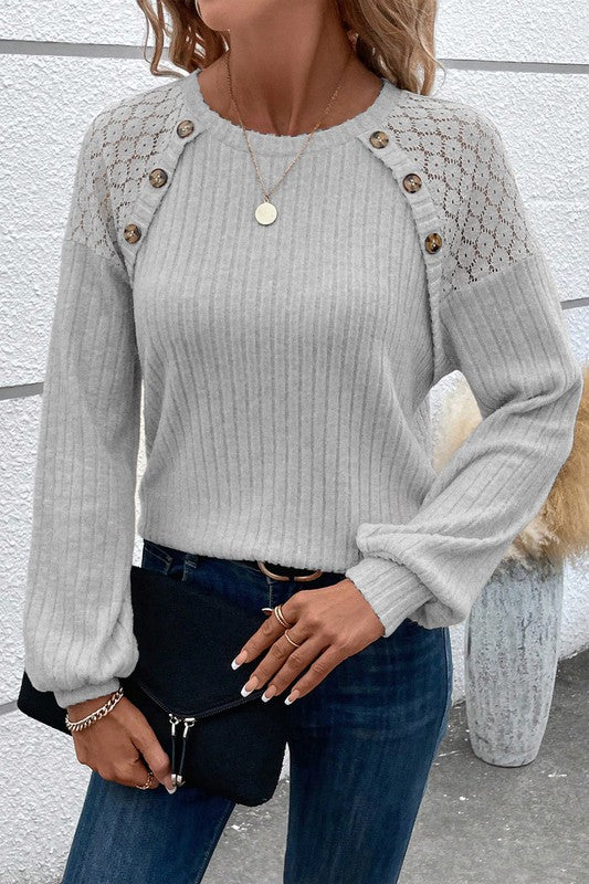 Lace Raglan Sleeve Buttoned Ribbed Top