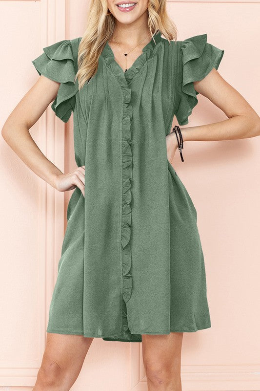 Ruffle Sleeve V Neck Dress