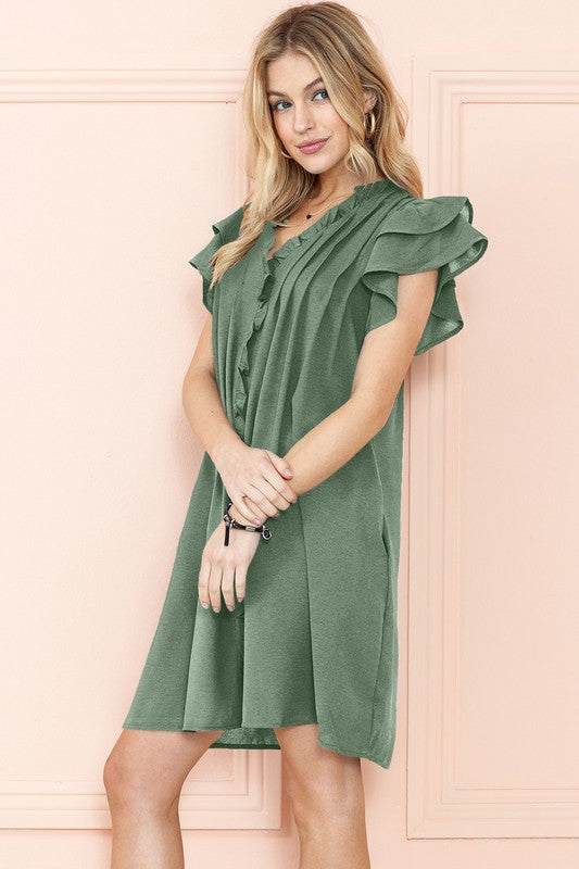 Ruffle Sleeve V Neck Dress