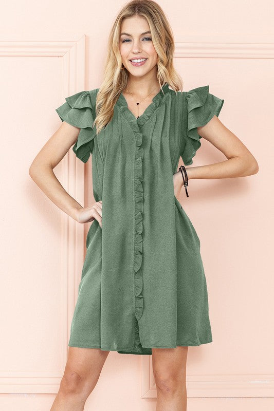 Ruffle Sleeve V Neck Dress