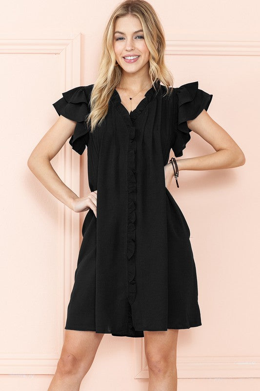 Ruffle Sleeve V Neck Dress