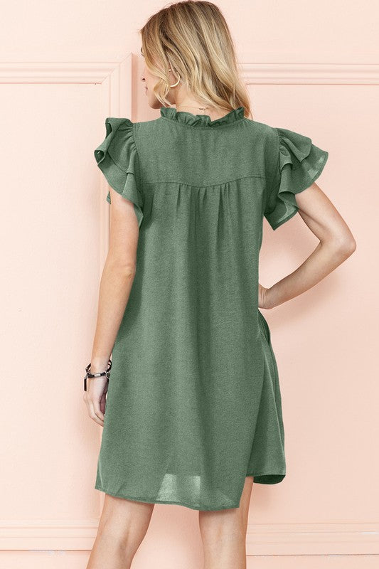 Ruffle Sleeve V Neck Dress