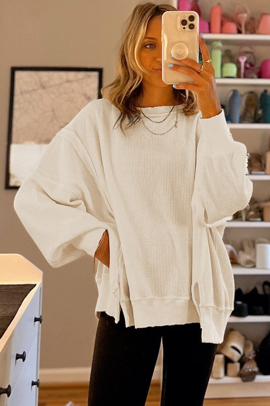 Waffle Knit Bishop Sleeve Oversized Sweatshirt