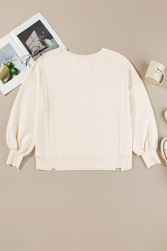 Waffle Knit Bishop Sleeve Oversized Sweatshirt