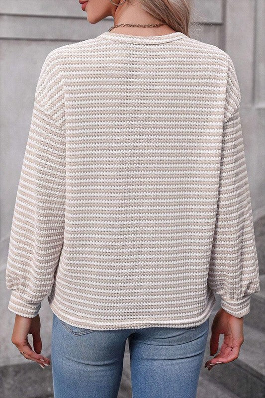 Women Stripe Round Neck Shoulder Long Sleeve Top