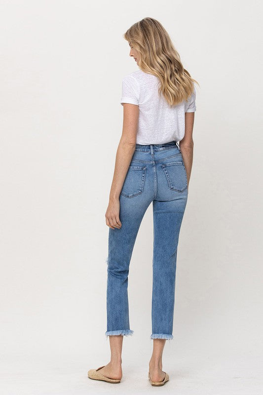 Knee Slit Frey Hem Crop Straight Jeans