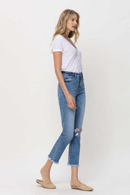 Knee Slit Frey Hem Crop Straight Jeans