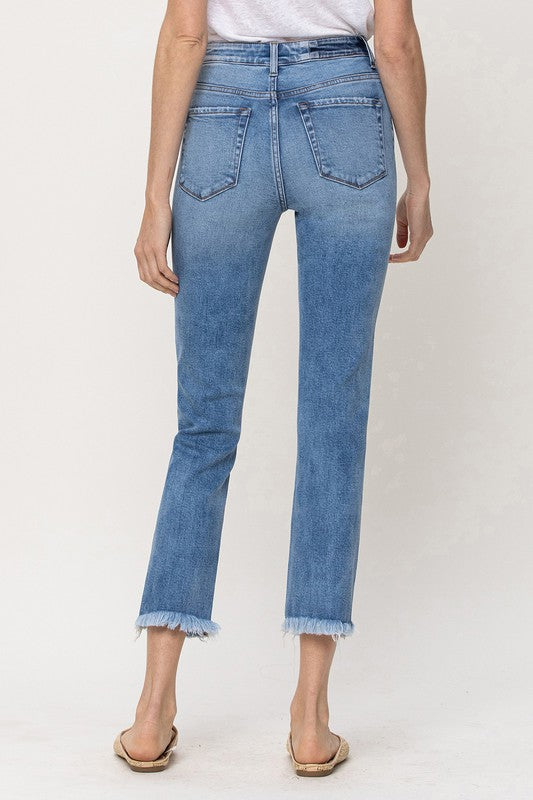 Knee Slit Frey Hem Crop Straight Jeans