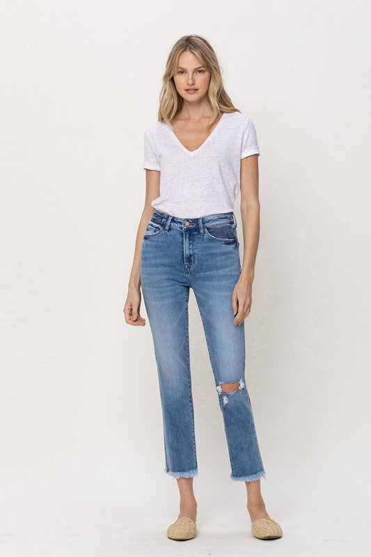 Knee Slit Frey Hem Crop Straight Jeans